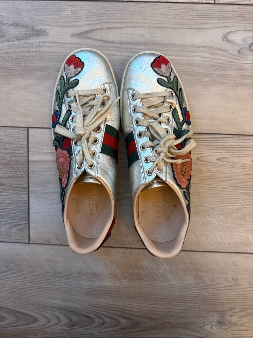 Gucci Metallic Gold Floral Ace Sneakers with Green-Red Web